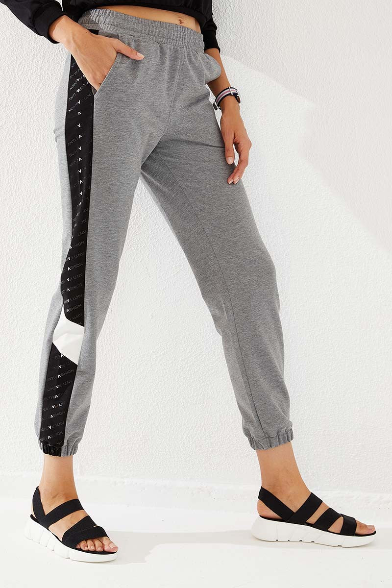 TMY Gray Melange Dotted Striped Detailed Jogger Comfort Fit Elastic Cuff Women's Sweatpants - 94579 - Fairbanks