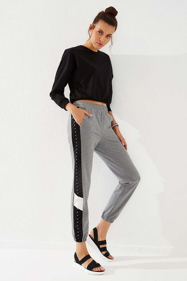 TMY Gray Melange Dotted Striped Detailed Jogger Comfort Fit Elastic Cuff Women's Sweatpants - 94579 - Fairbanks