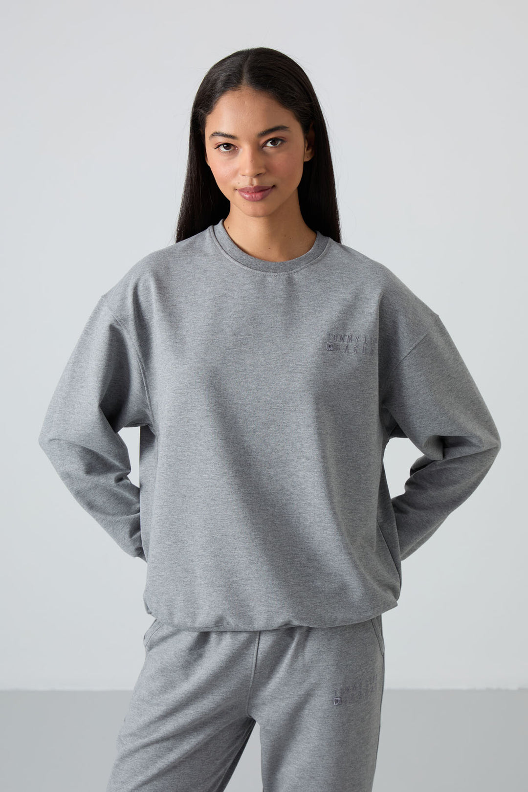 TMY Gray Melange O Neck Oversized Elastic Cuff Women's Tracksuit Set - 95287 - Vienna
