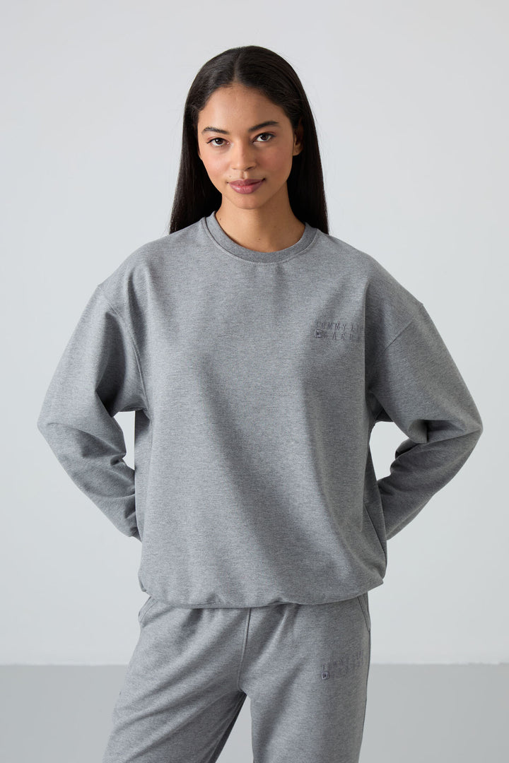 TMY Gray Melange O Neck Oversized Elastic Cuff Women's Tracksuit Set - 95287 - Vienna
