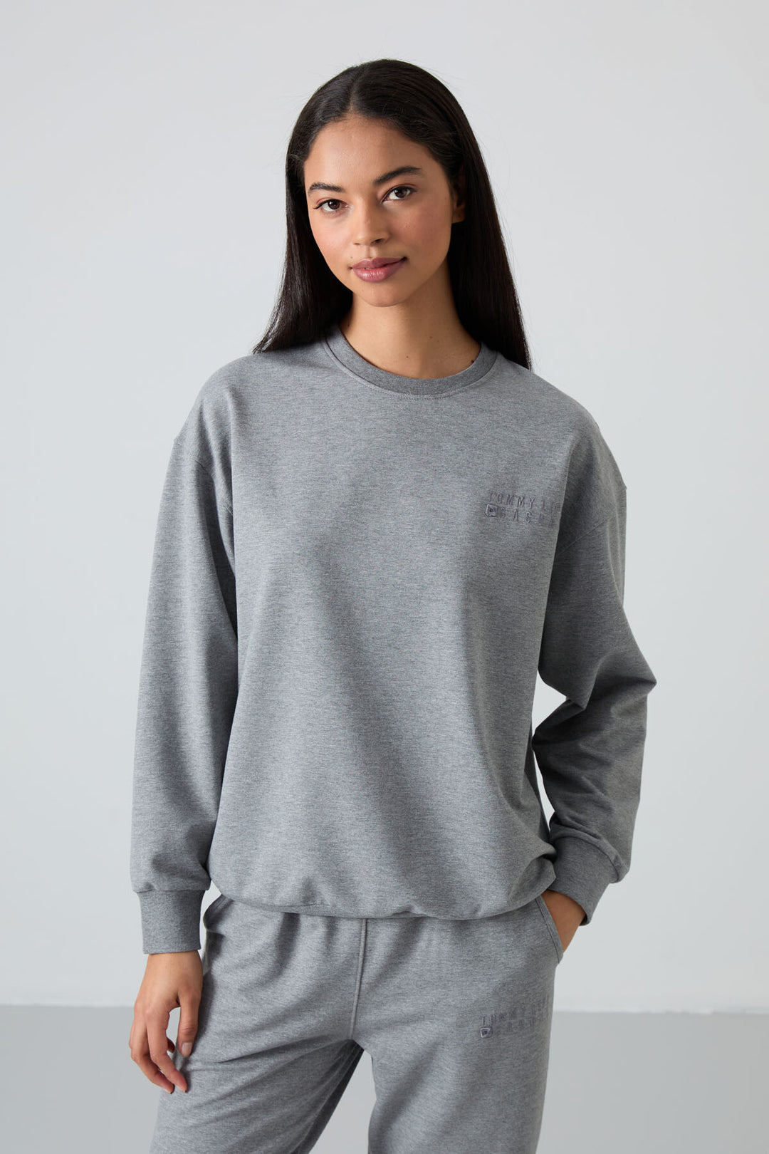 TMY Gray Melange O Neck Oversized Elastic Cuff Women's Tracksuit Set - 95287 - Vienna