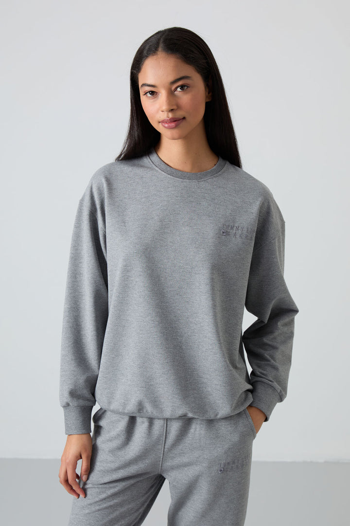 TMY Gray Melange O Neck Oversized Elastic Cuff Women's Tracksuit Set - 95287 - Vienna