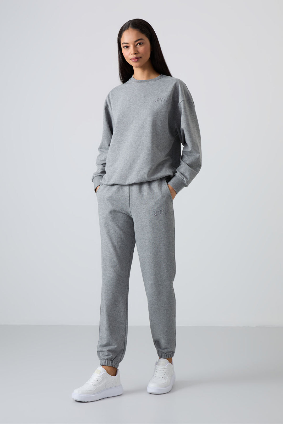 TMY Gray Melange O Neck Oversized Elastic Cuff Women's Tracksuit Set - 95287 - Vienna