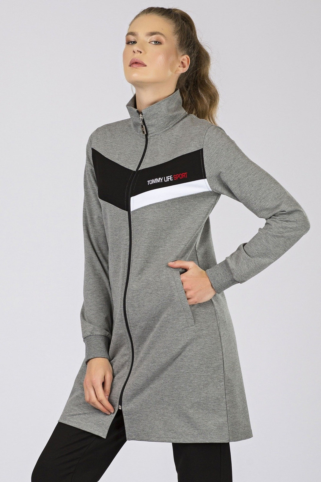 TMY Gray Melange - Black High Neck Zippered Pocketed Standard Fit Classic Cuff Women's Sweatshirt Tunic Set - 95206 - Lake Charles