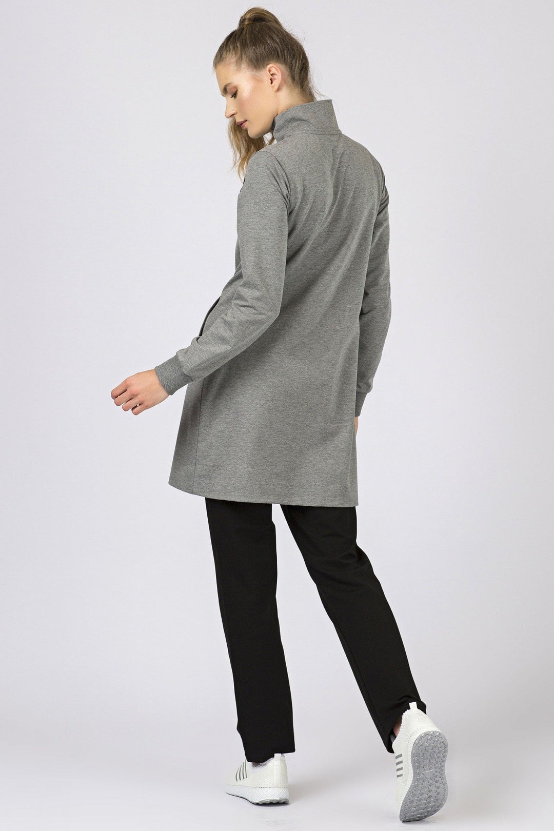 TMY Gray Melange - Black High Neck Zippered Pocketed Standard Fit Classic Cuff Women's Sweatshirt Tunic Set - 95206 - Lake Charles