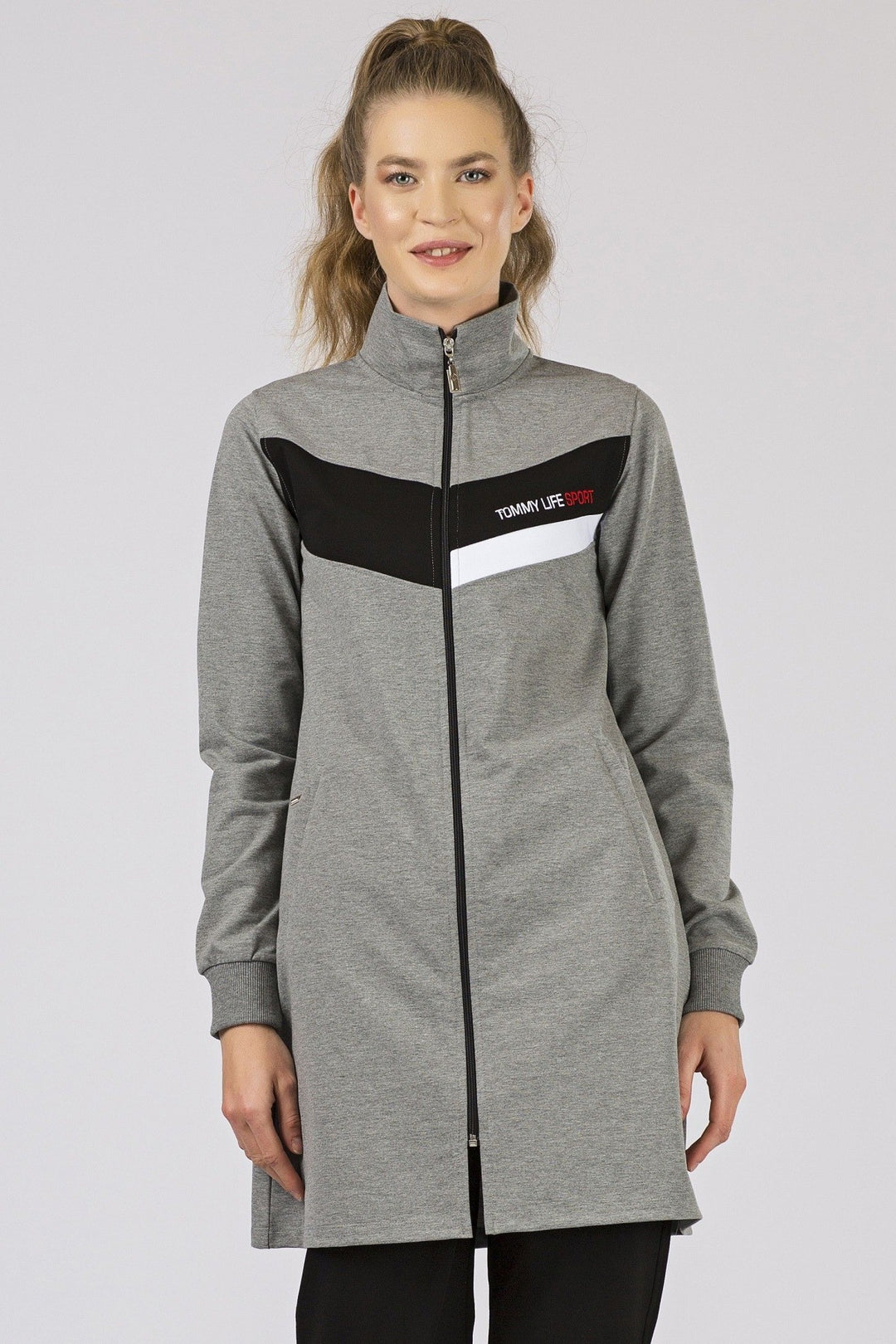 TMY Gray Melange - Black High Neck Zippered Pocketed Standard Fit Classic Cuff Women's Sweatshirt Tunic Set - 95206 - Lake Charles