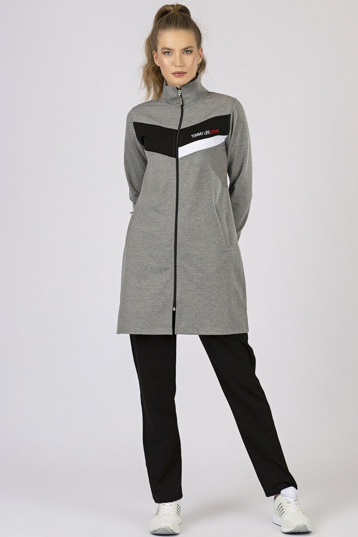 TMY Gray Melange - Black High Neck Zippered Pocketed Standard Fit Classic Cuff Women's Sweatshirt Tunic Set - 95206 - Lake Charles