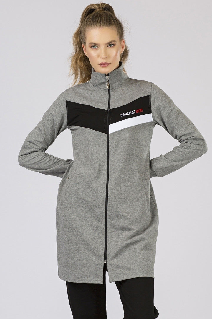 TMY Gray Melange - Black High Neck Zippered Pocketed Standard Fit Classic Cuff Women's Sweatshirt Tunic Set - 95206 - Lake Charles