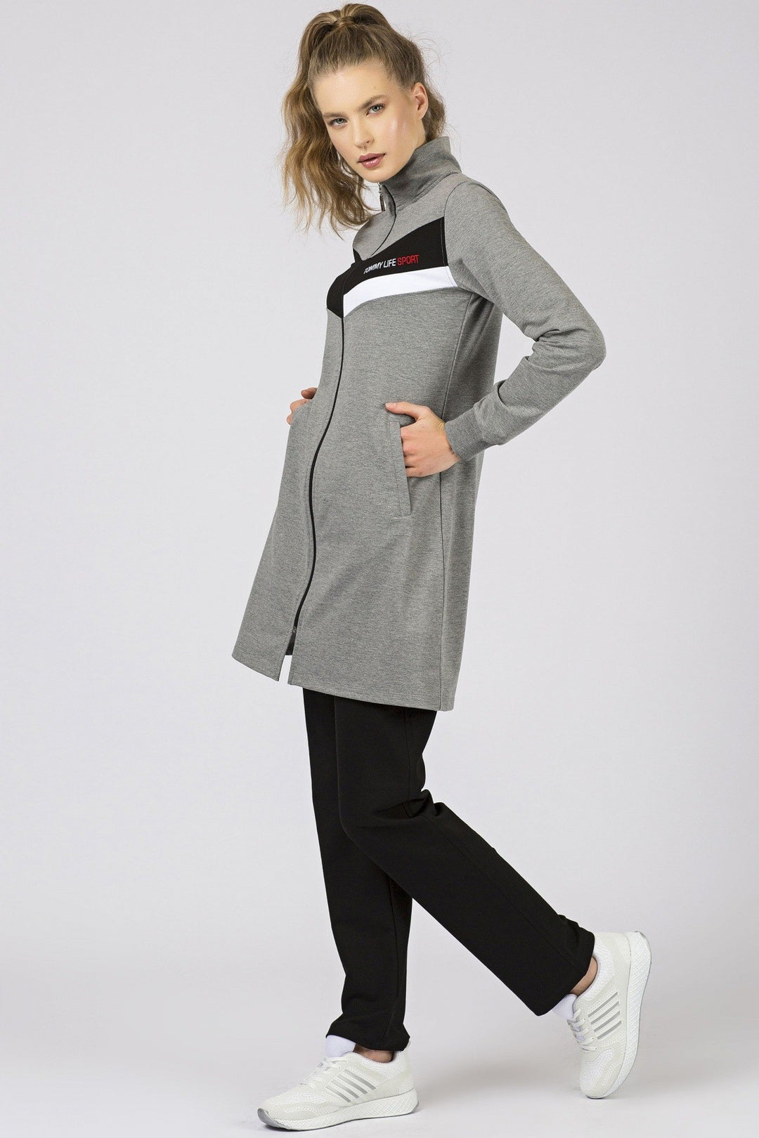 TMY Gray Melange - Black High Neck Zippered Pocketed Standard Fit Classic Cuff Women's Sweatshirt Tunic Set - 95206 - Lake Charles