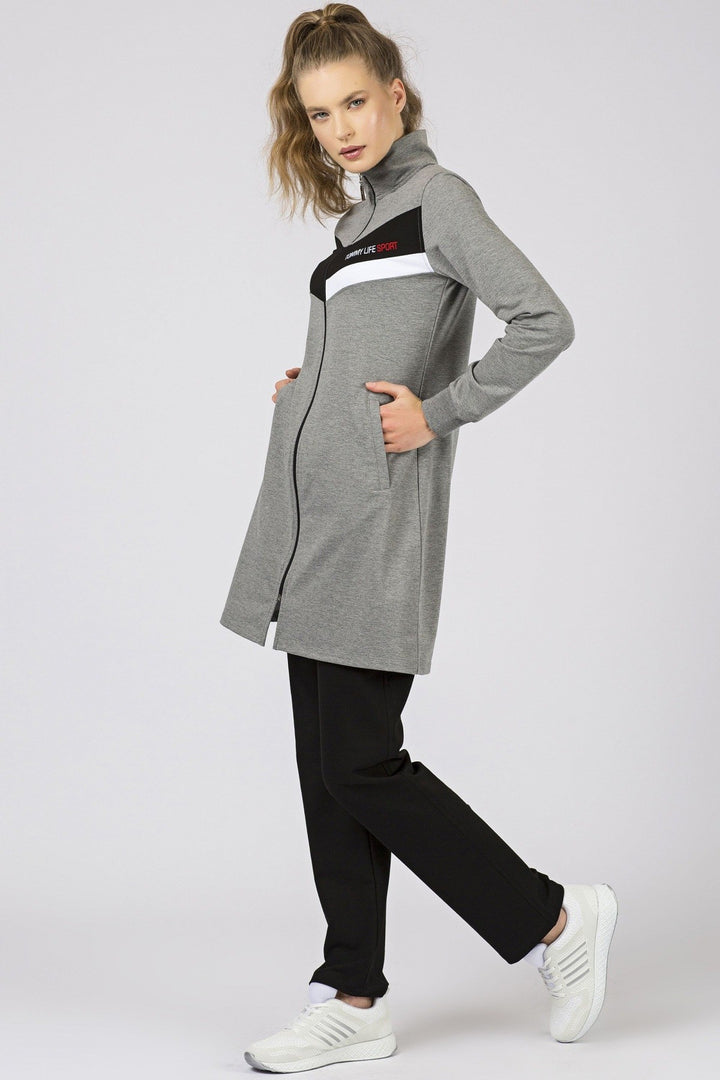 TMY Gray Melange - Black High Neck Zippered Pocketed Standard Fit Classic Cuff Women's Sweatshirt Tunic Set - 95206 - Lake Charles