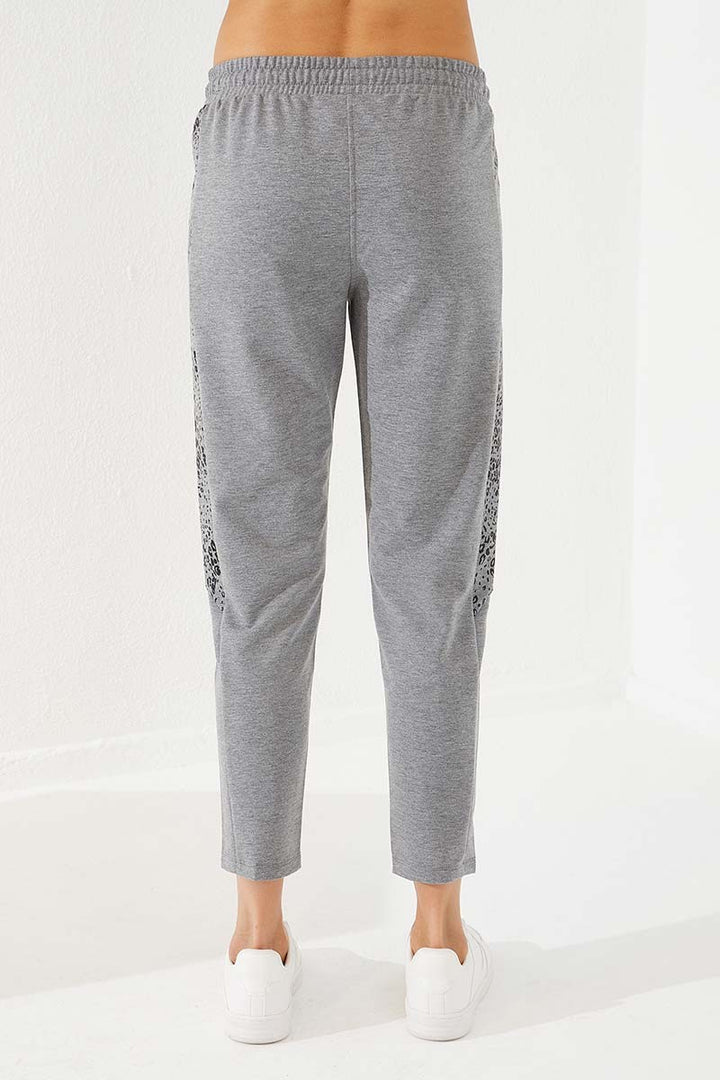 TMY Gray Melange Side Leopard Pattern Comfortable Fit Slim Leg Women's Sweatpants - 94572 - Laval