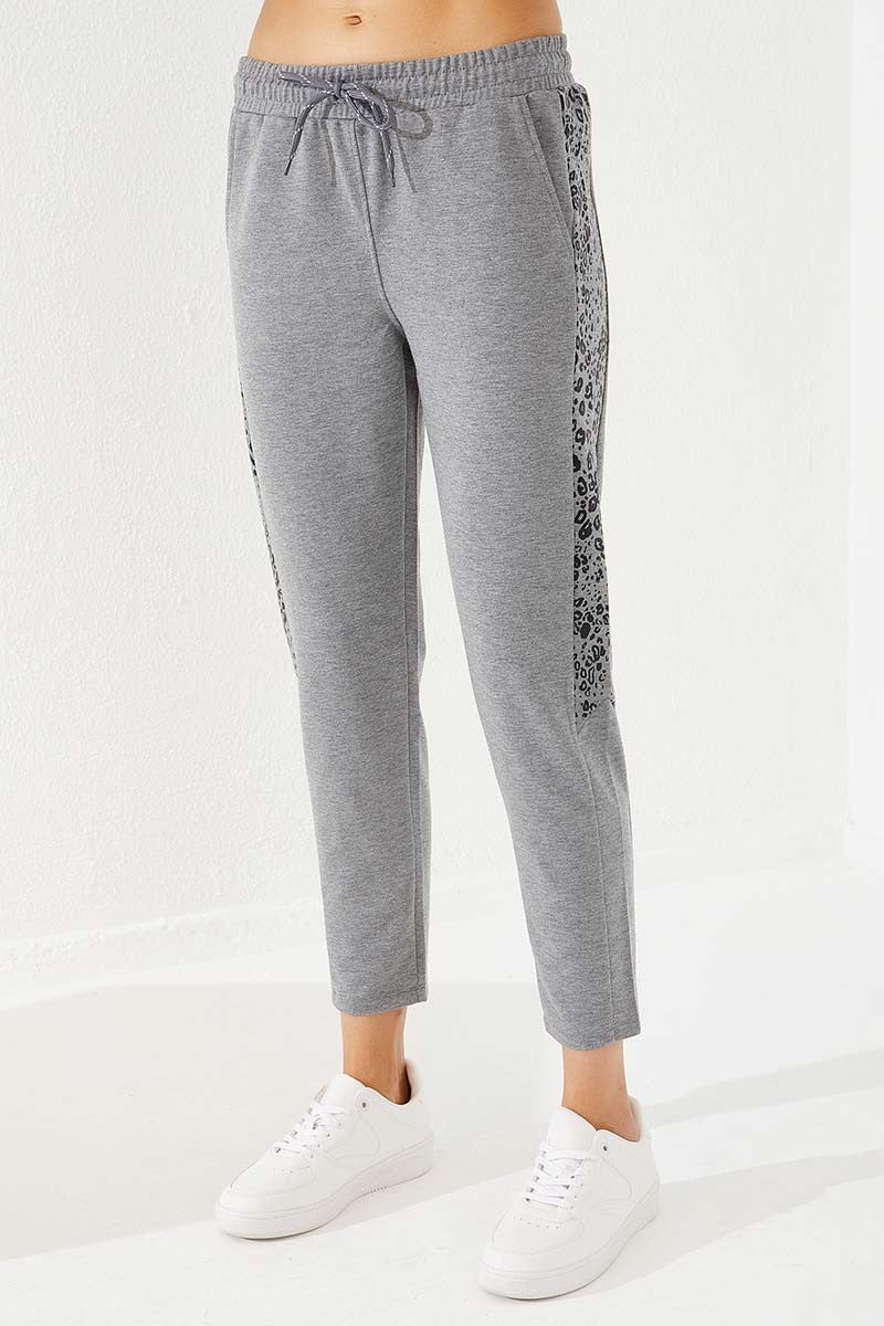 TMY Gray Melange Side Leopard Pattern Comfortable Fit Slim Leg Women's Sweatpants - 94572 - Laval