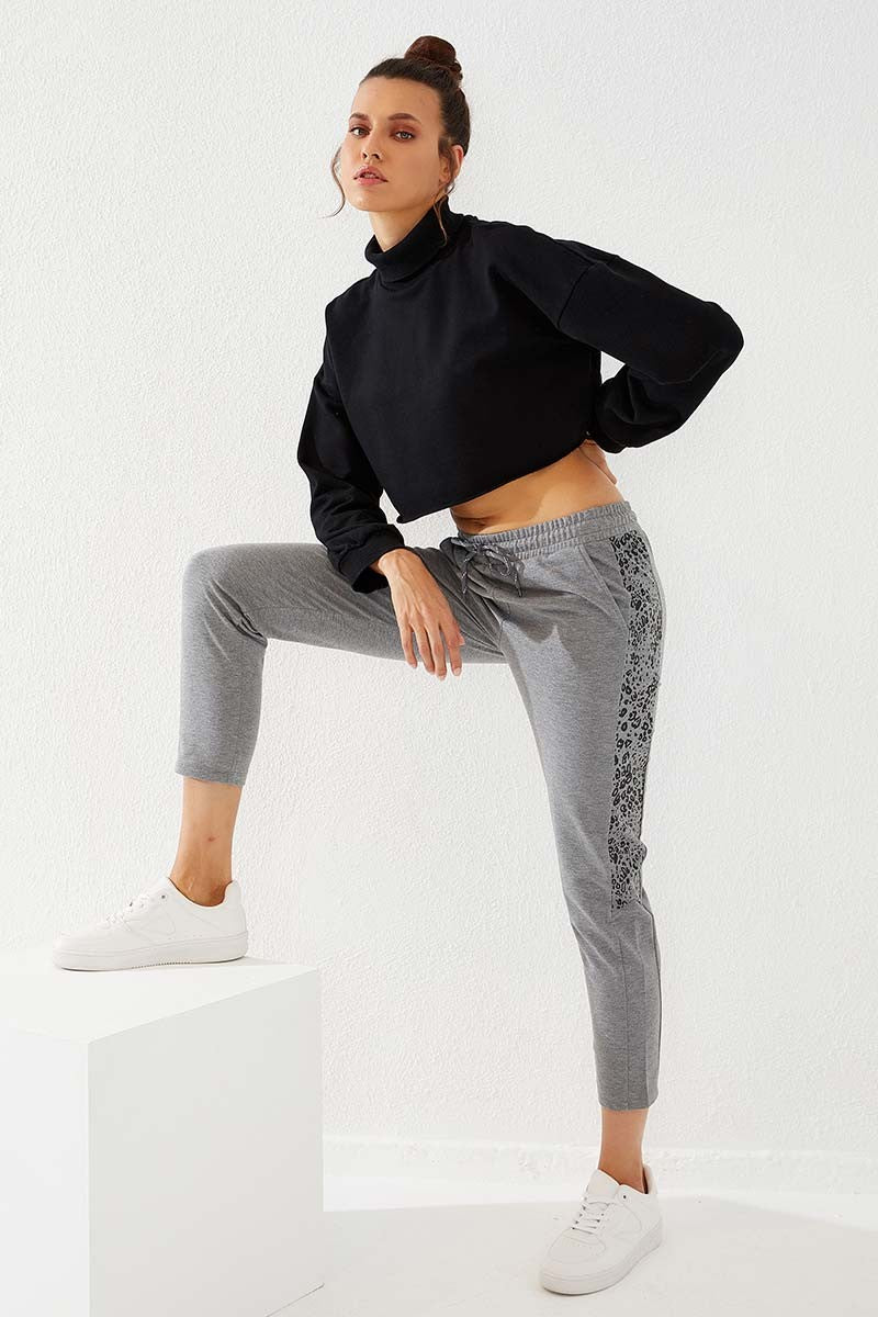 TMY Gray Melange Side Leopard Pattern Comfortable Fit Slim Leg Women's Sweatpants - 94572 - Laval