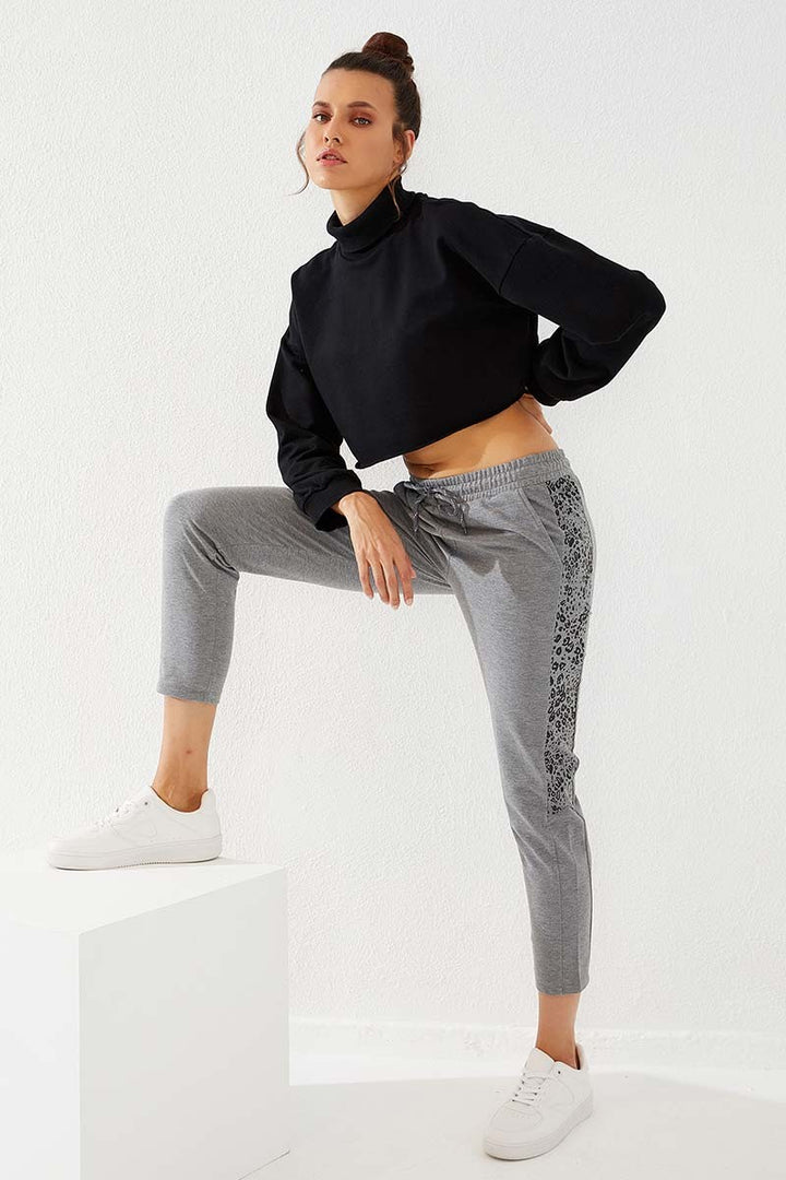 TMY Gray Melange Side Leopard Pattern Comfortable Fit Slim Leg Women's Sweatpants - 94572 - Laval