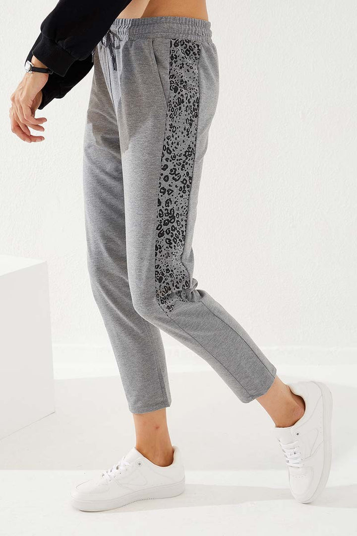 TMY Gray Melange Side Leopard Pattern Comfortable Fit Slim Leg Women's Sweatpants - 94572 - Laval