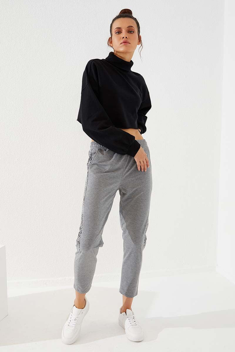 TMY Gray Melange Side Leopard Pattern Comfortable Fit Slim Leg Women's Sweatpants - 94572 - Laval