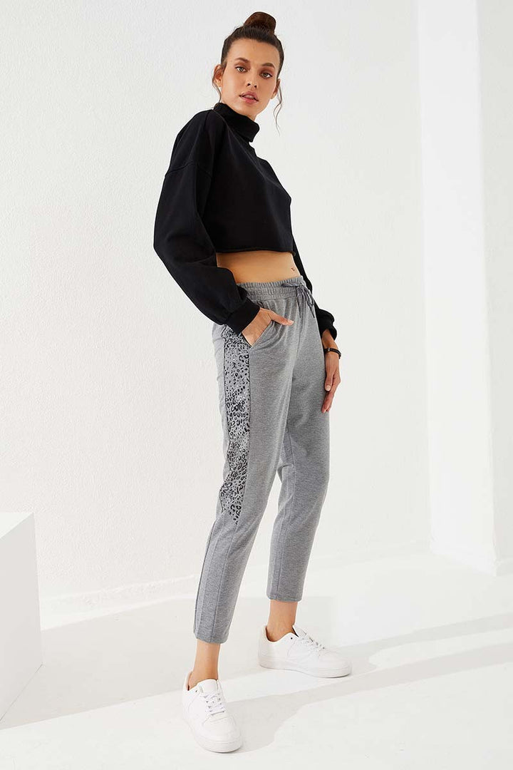 TMY Gray Melange Side Leopard Pattern Comfortable Fit Slim Leg Women's Sweatpants - 94572 - Laval