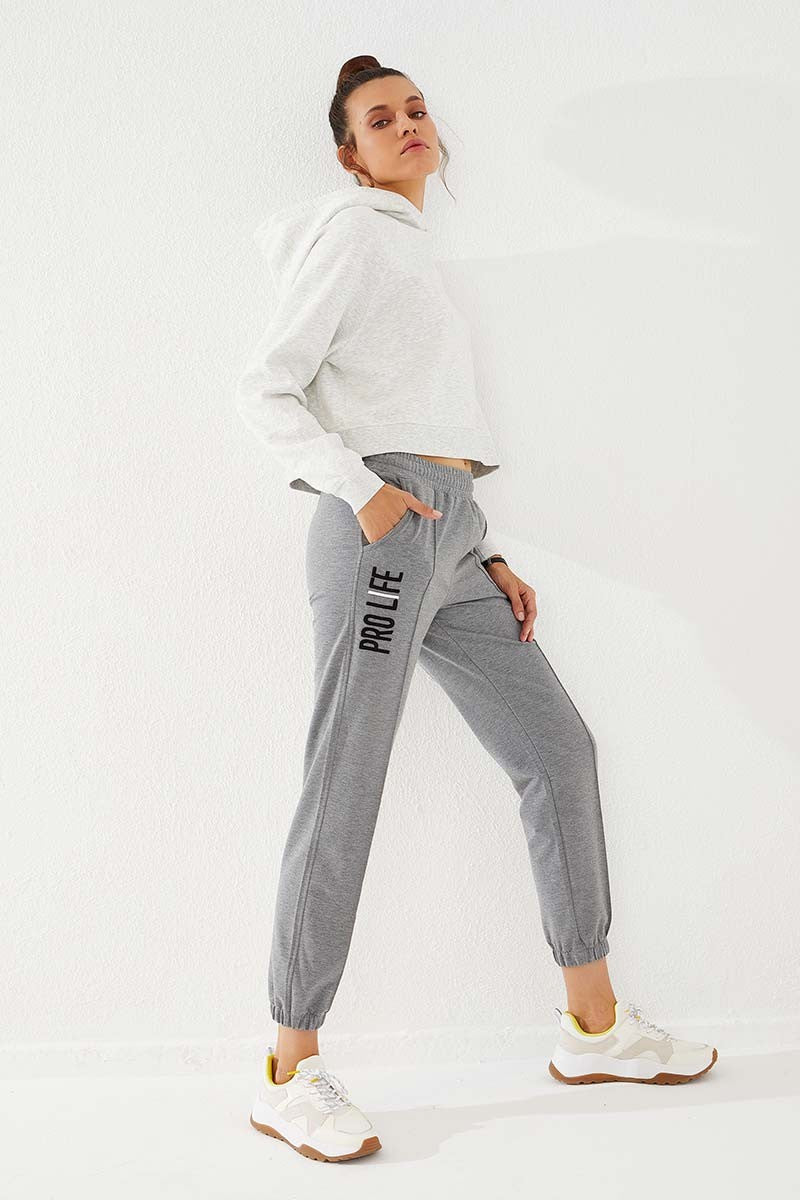 TMY Gray Melange Loose Fit Elastic Cuff Women's Sweatpants with Embroidered Writing - 94571 - Turin