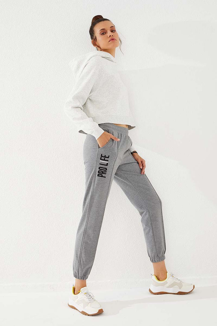 TMY Gray Melange Loose Fit Elastic Cuff Women's Sweatpants with Embroidered Writing - 94571 - Turin