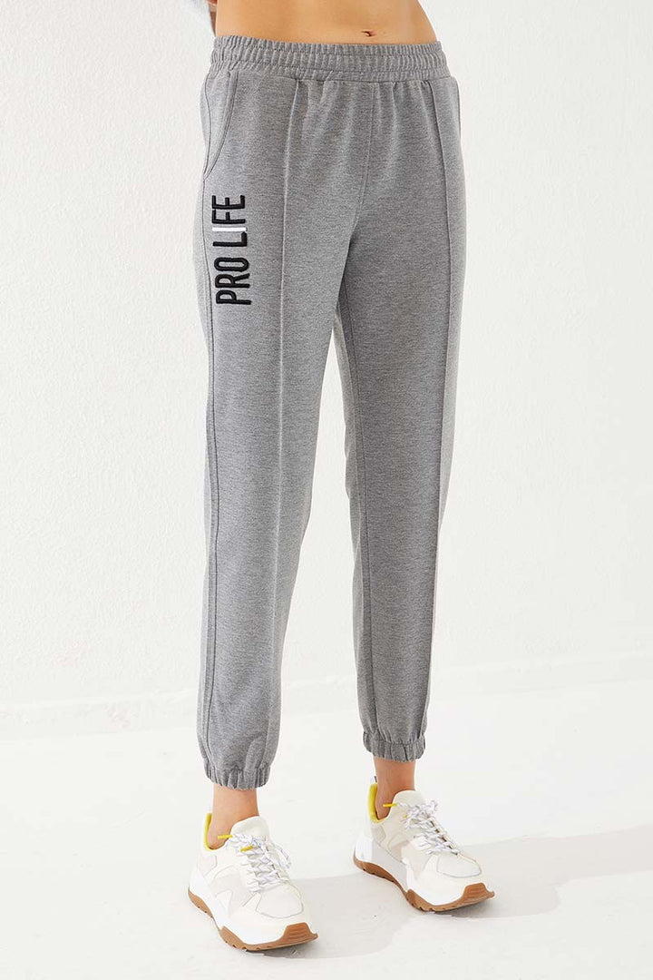 TMY Gray Melange Loose Fit Elastic Cuff Women's Sweatpants with Embroidered Writing - 94571 - Turin