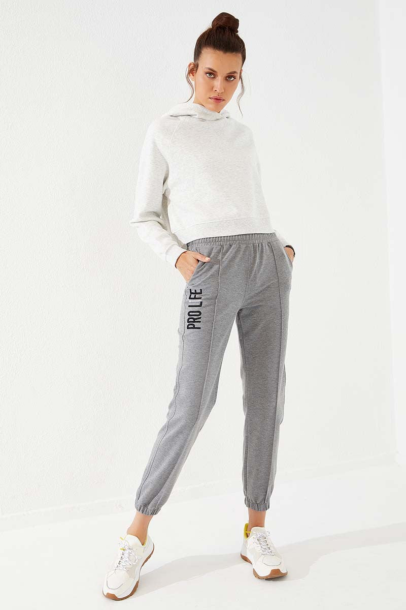 TMY Gray Melange Loose Fit Elastic Cuff Women's Sweatpants with Embroidered Writing - 94571 - Turin