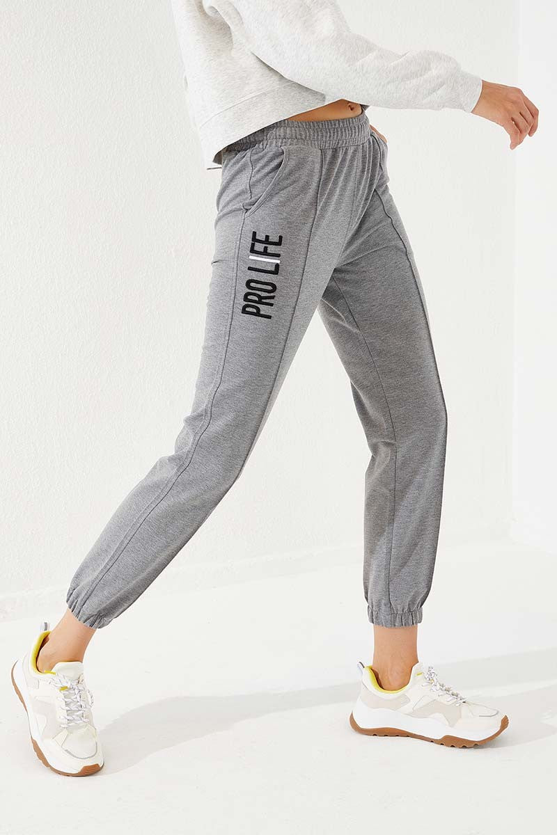 TMY Gray Melange Loose Fit Elastic Cuff Women's Sweatpants with Embroidered Writing - 94571 - Turin