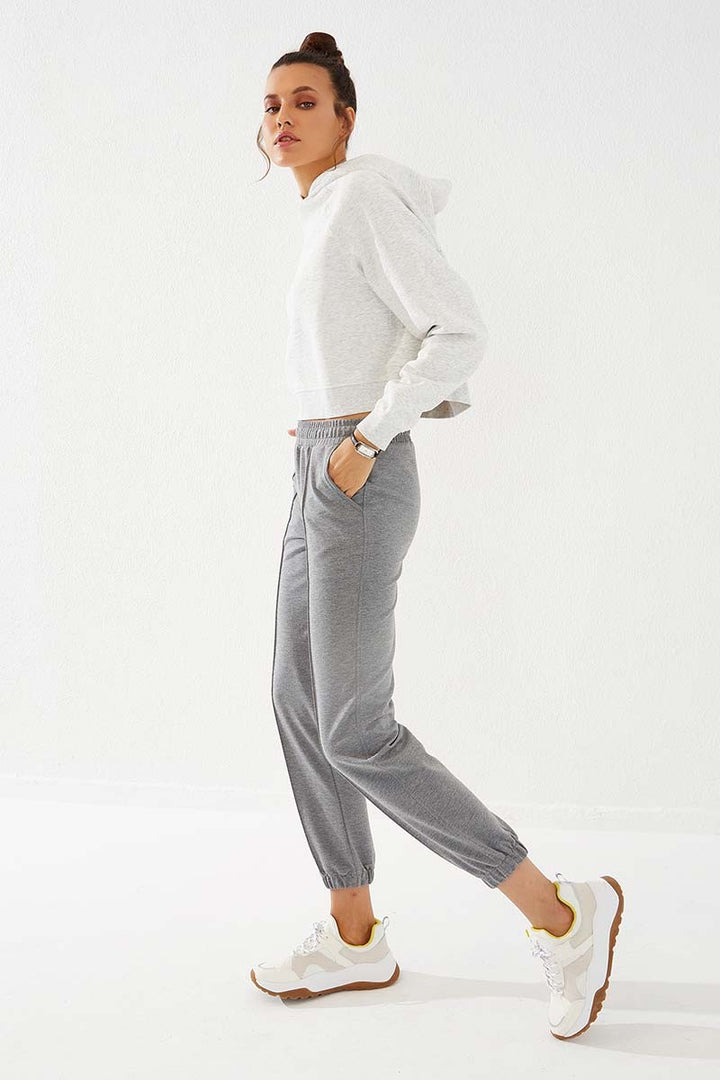 TMY Gray Melange Loose Fit Elastic Cuff Women's Sweatpants with Embroidered Writing - 94571 - Turin
