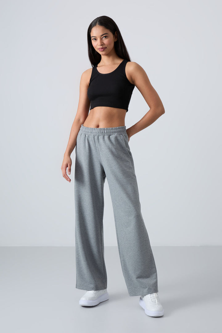 TMY Gray Melange High Waist Pocketed Comfort Fit Wide Leg Women's Sweatpants - 94567 - Chicopee