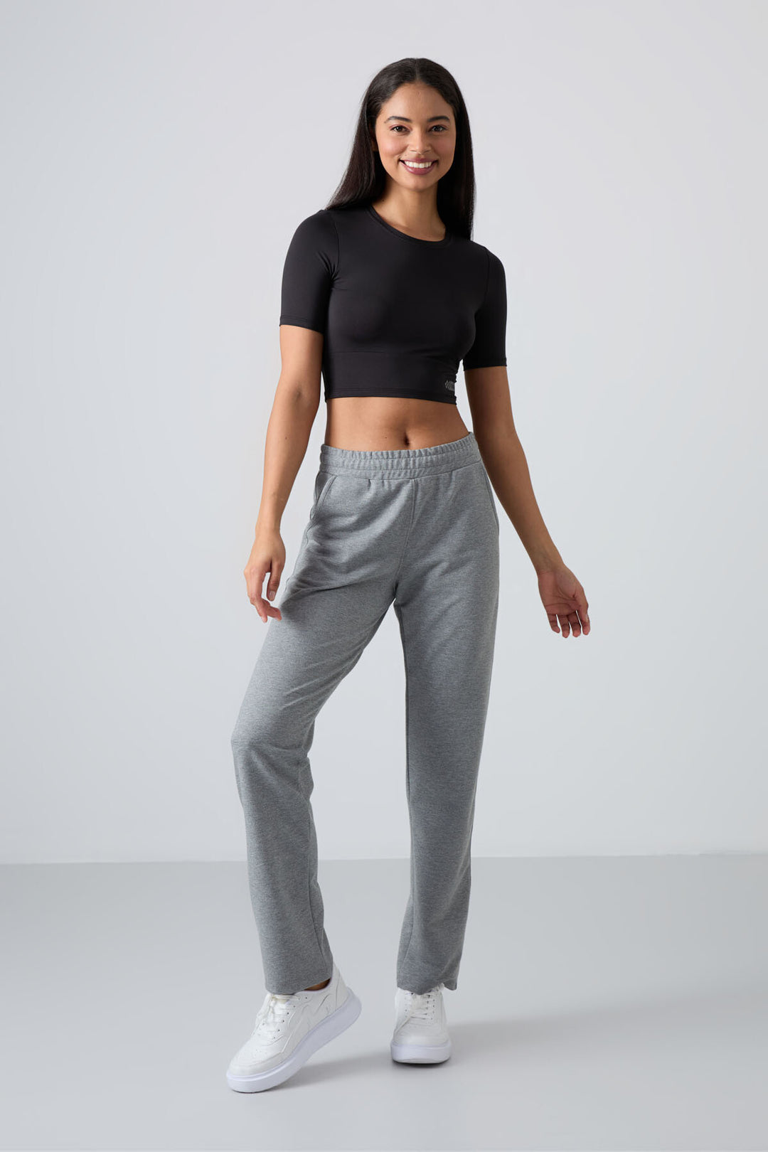 TMY Gray Melange High Waist Pocketed Comfort Fit Classic Leg Women's Sweatpants - 94584 - Avilés