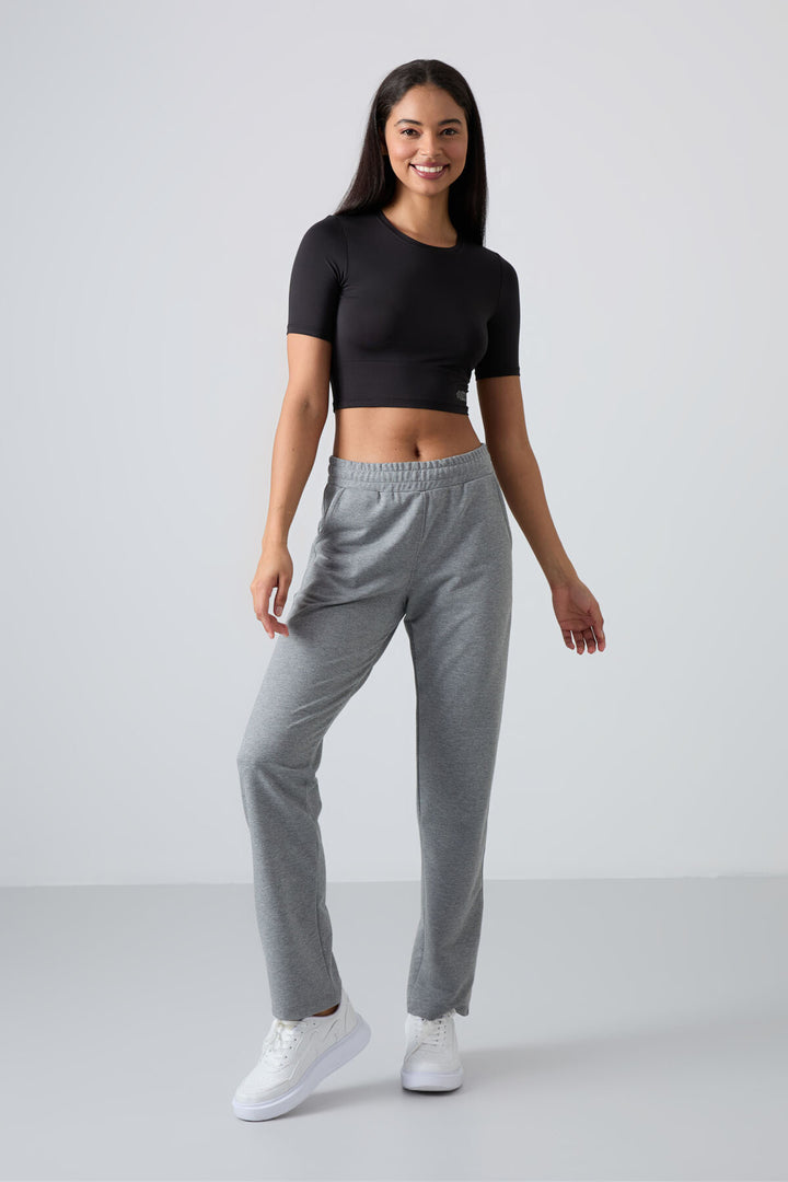 TMY Gray Melange High Waist Pocketed Comfort Fit Classic Leg Women's Sweatpants - 94584 - Avilés
