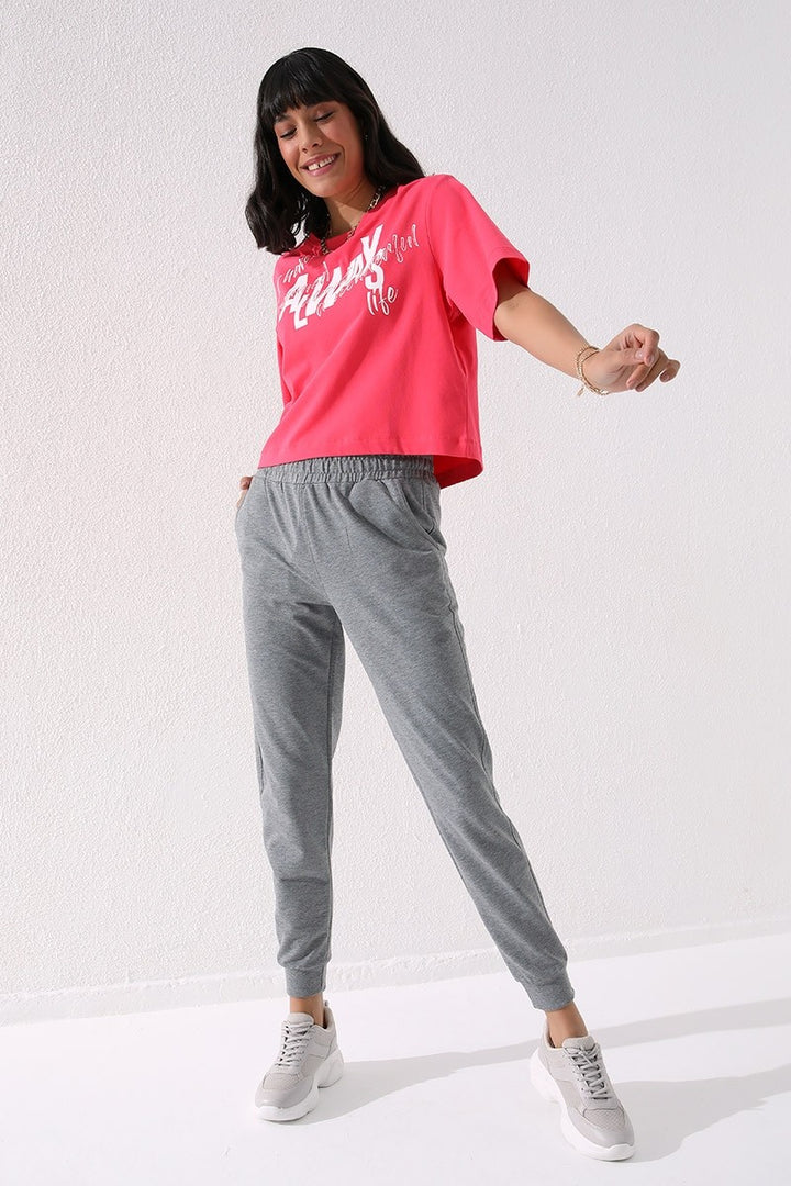 TMY Gray Melange High Waist Jogger Comfort Fit Cuffed Women's Sweatpants - 94561 - Munich