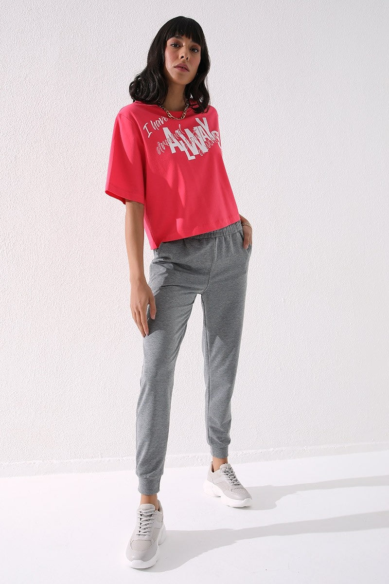 TMY Gray Melange High Waist Jogger Comfort Fit Cuffed Women's Sweatpants - 94561 - Munich