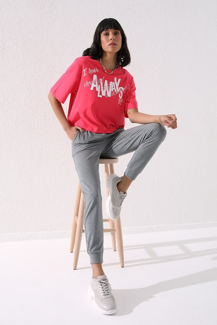 TMY Gray Melange High Waist Jogger Comfort Fit Cuffed Women's Sweatpants - 94561 - Munich