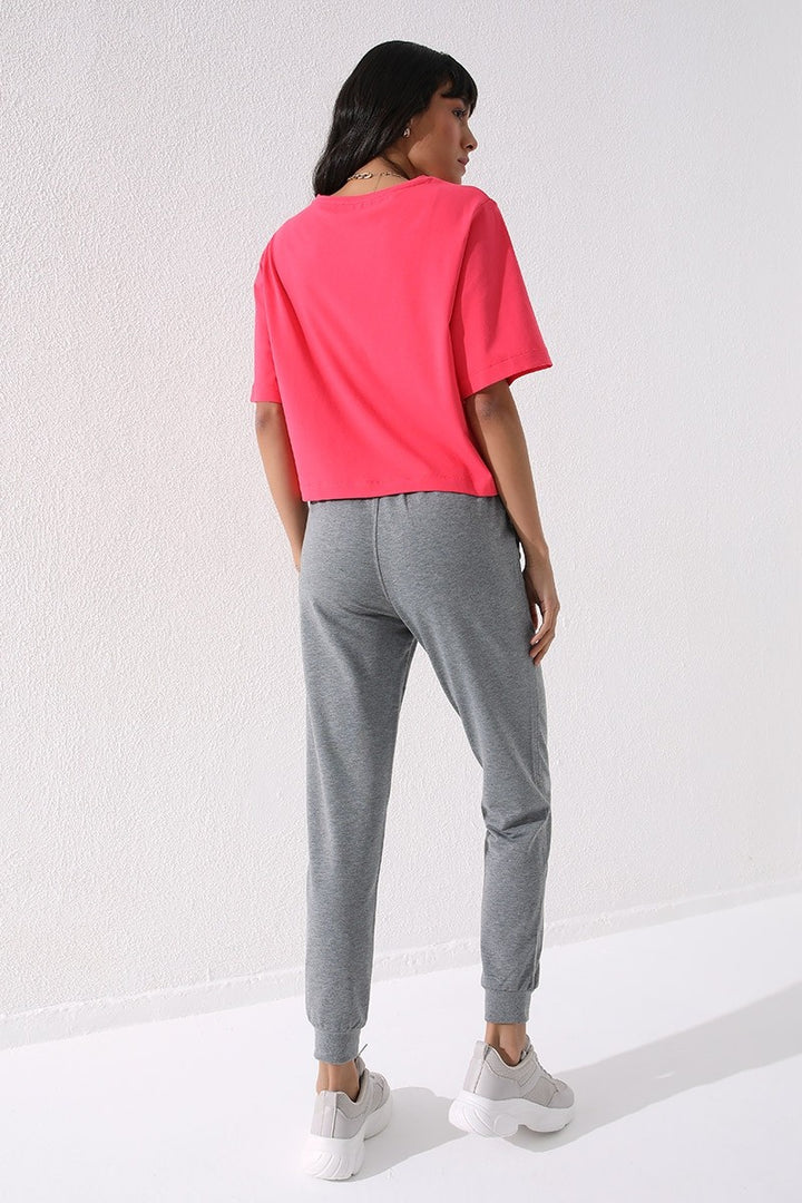 TMY Gray Melange High Waist Jogger Comfort Fit Cuffed Women's Sweatpants - 94561 - Munich