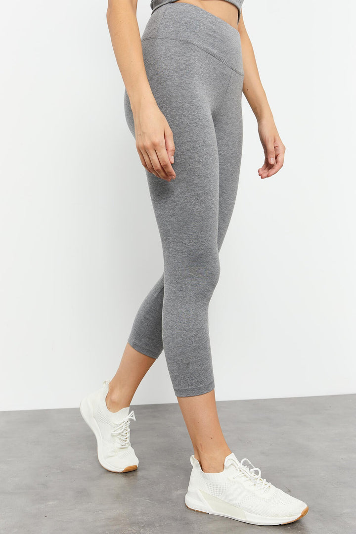 TMY Gray Melange High Waist Capri-Crop T-Shirt Slim Fit Women's Leggings Set - 95285 - Streatham