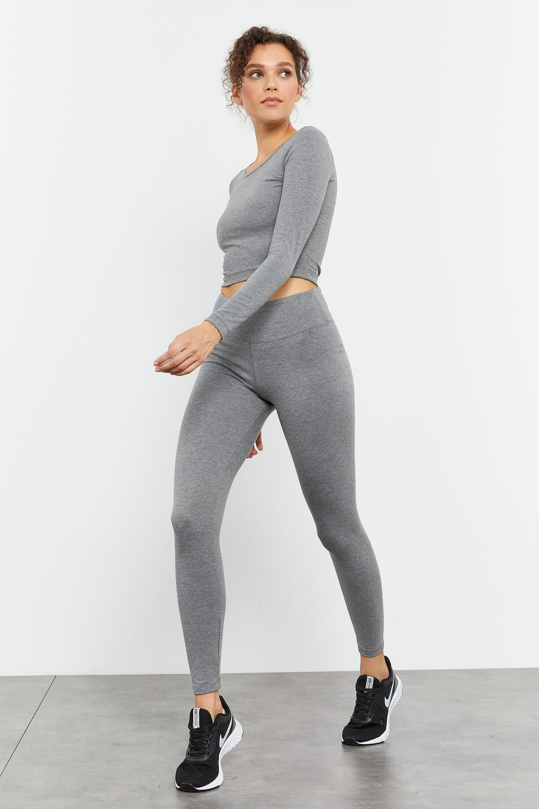 TMY Gray Melange High Waist Long Sleeve Slim Fit Crop Top Women's Leggings Set - 95286 - Rioverde