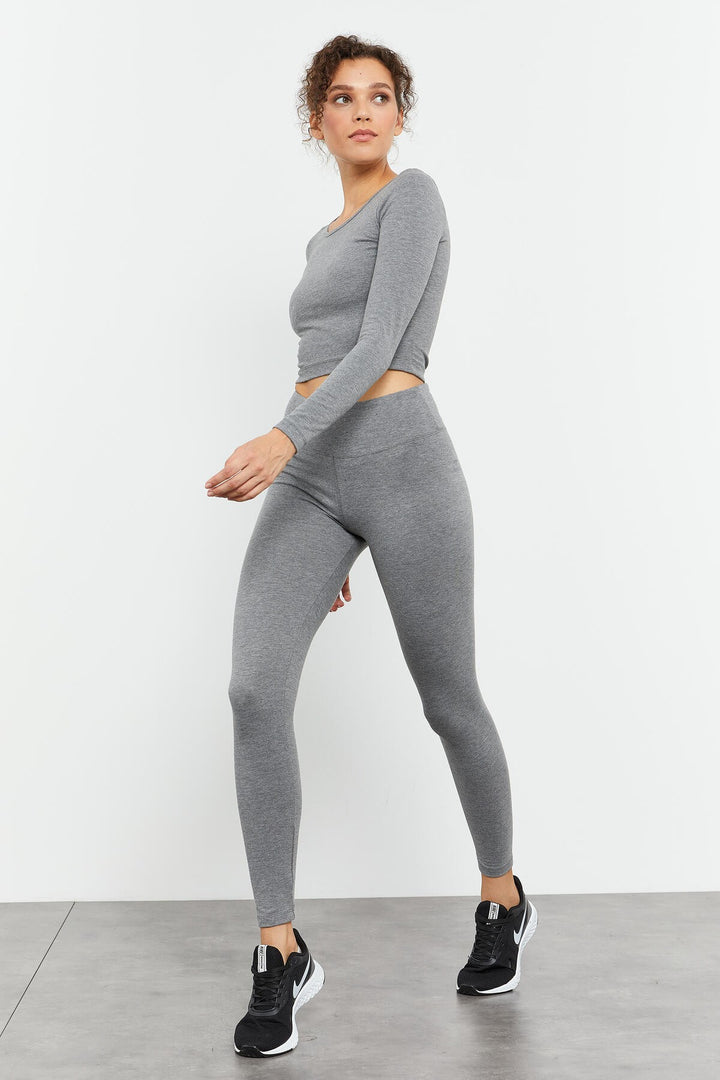 TMY Gray Melange High Waist Long Sleeve Slim Fit Crop Top Women's Leggings Set - 95286 - Rioverde