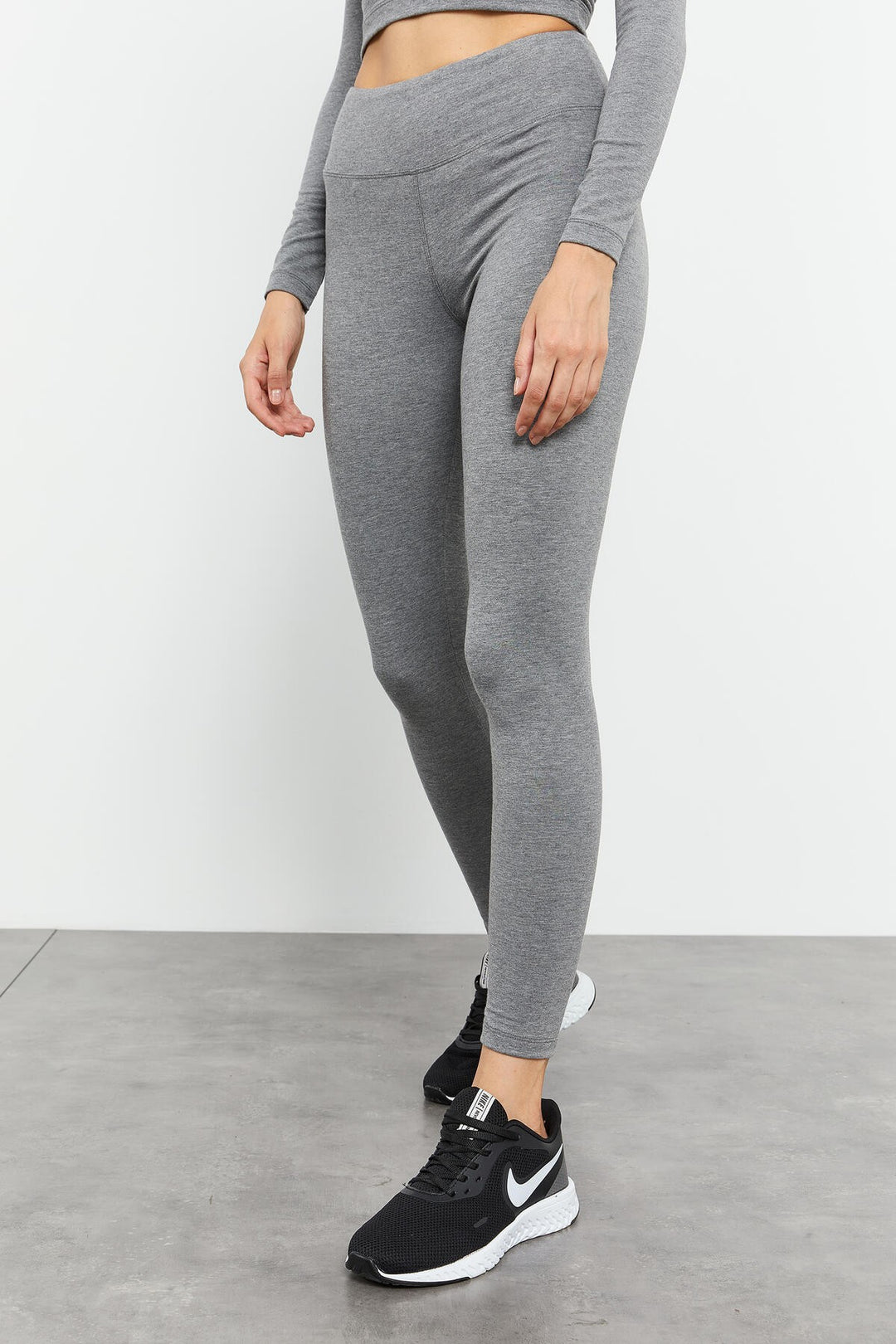 TMY Gray Melange High Waist Long Sleeve Slim Fit Crop Top Women's Leggings Set - 95286 - Rioverde