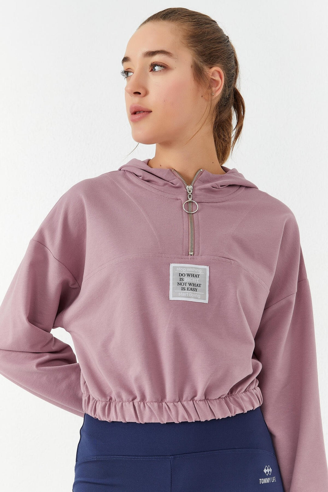 TMY Rose Dried Waist Ruffled Hooded Half Zip Comfort Fit Women Crop Top Sweatshirt - 97155 - Gallatin