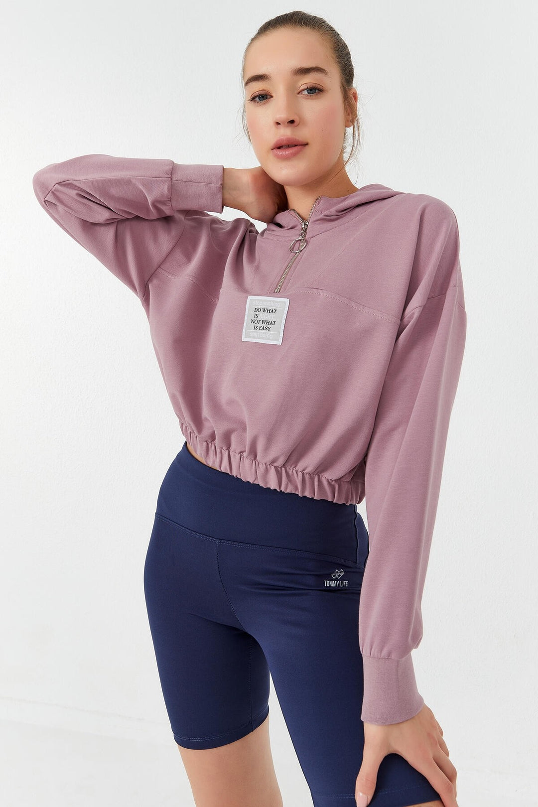 TMY Rose Dried Waist Ruffled Hooded Half Zip Comfort Fit Women Crop Top Sweatshirt - 97155 - Gallatin