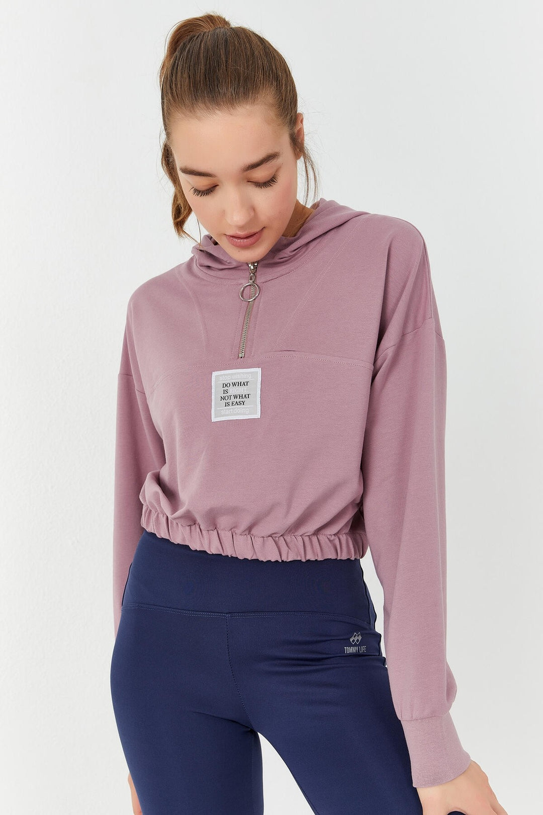 TMY Rose Dried Waist Ruffled Hooded Half Zip Comfort Fit Women Crop Top Sweatshirt - 97155 - Gallatin