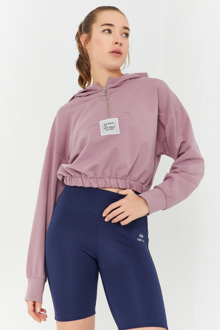 TMY Rose Dried Waist Ruffled Hooded Half Zip Comfort Fit Women Crop Top Sweatshirt - 97155 - Gallatin