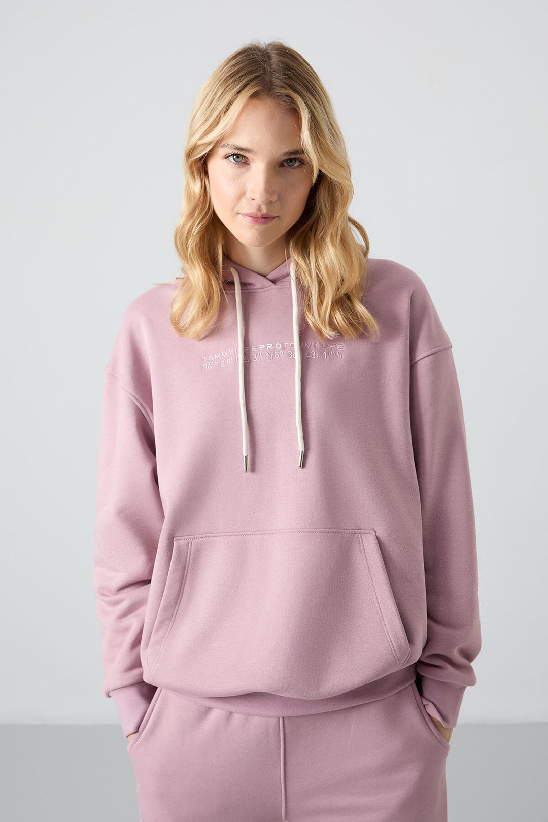 TMY Dried Rose Hooded Kangaroo Pocket Oversized Elastic Cuff Women's Tracksuit - 95288 - New Plymouth