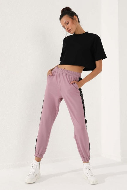 TMY Dried Rose Dotted Stripe Detailed Jogger Comfortable Fit Elastic Cuff Women's Sweatpants - 94579 - Papenburg
