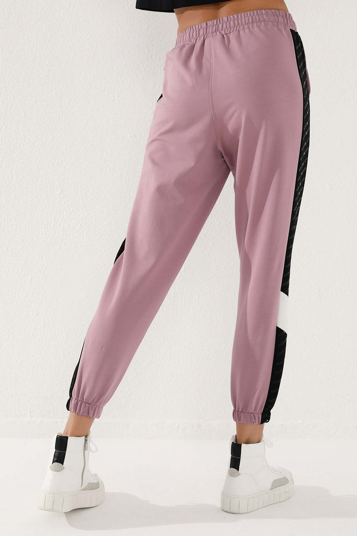 TMY Dried Rose Dotted Stripe Detailed Jogger Comfortable Fit Elastic Cuff Women's Sweatpants - 94579 - Papenburg