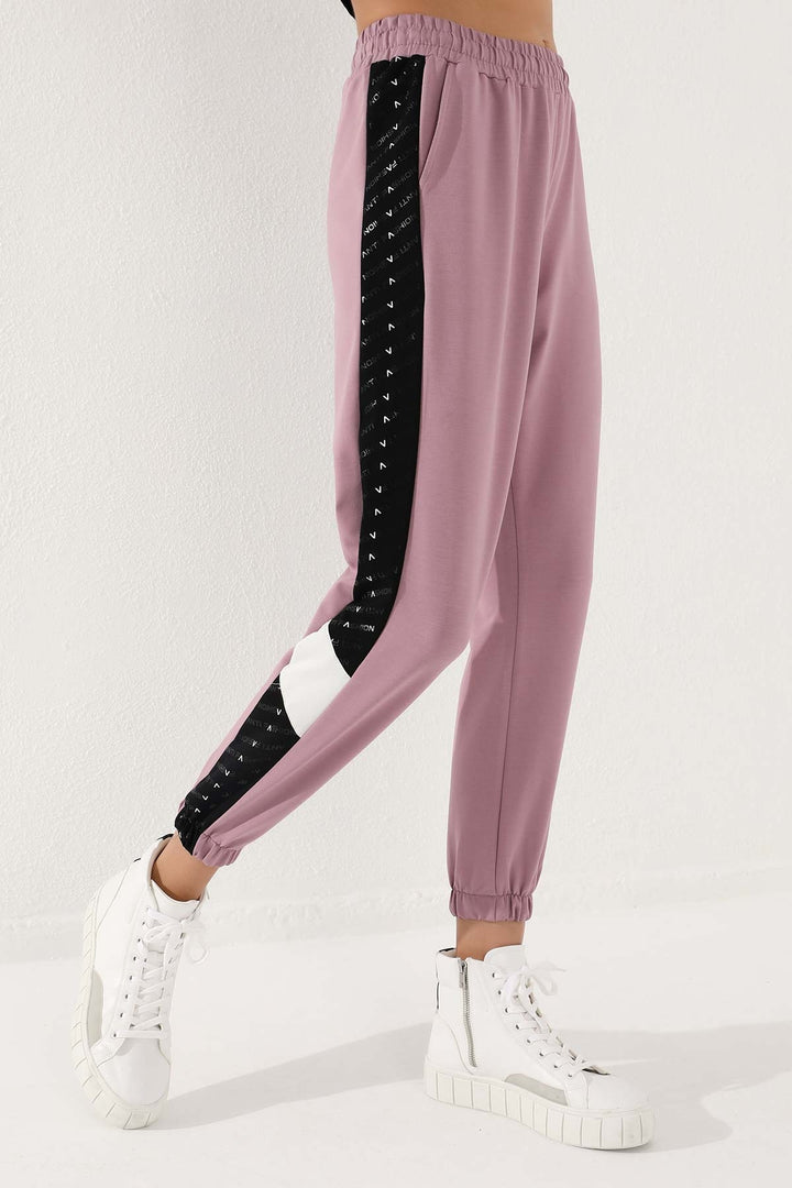 TMY Dried Rose Dotted Stripe Detailed Jogger Comfortable Fit Elastic Cuff Women's Sweatpants - 94579 - Papenburg