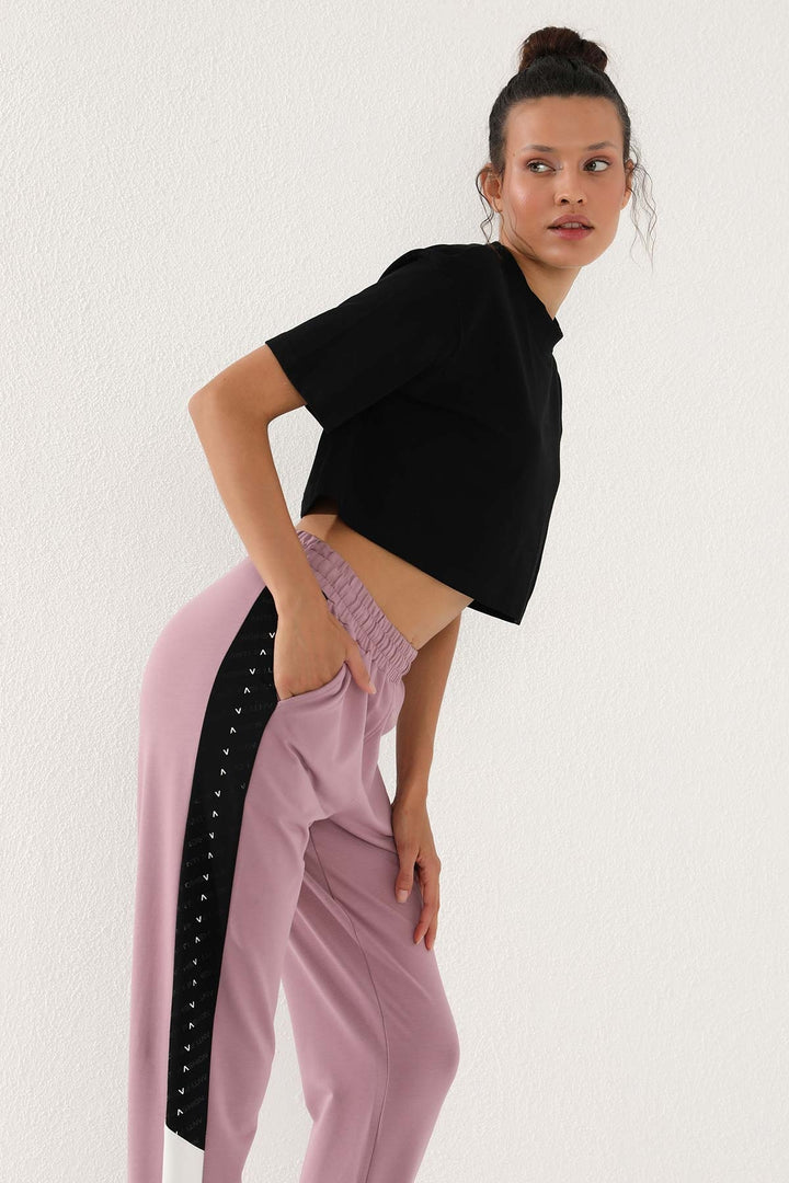 TMY Dried Rose Dotted Stripe Detailed Jogger Comfortable Fit Elastic Cuff Women's Sweatpants - 94579 - Papenburg