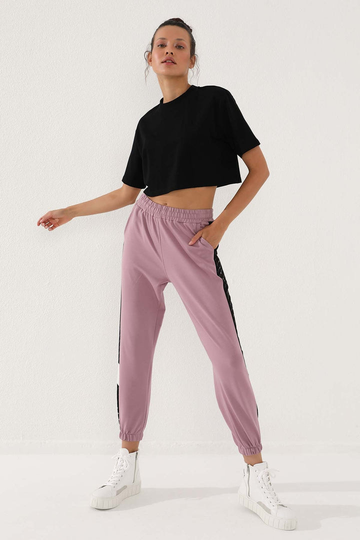 TMY Dried Rose Dotted Stripe Detailed Jogger Comfortable Fit Elastic Cuff Women's Sweatpants - 94579 - Papenburg