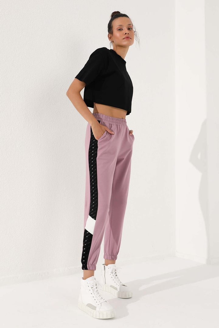 TMY Dried Rose Dotted Stripe Detailed Jogger Comfortable Fit Elastic Cuff Women's Sweatpants - 94579 - Papenburg