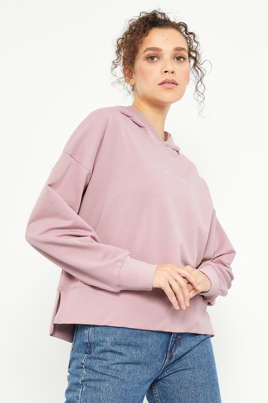 TMY Dried Rose Embroidered Hooded Basic Women's Oversized Sweatshirt - 97164 - Vila do Conde